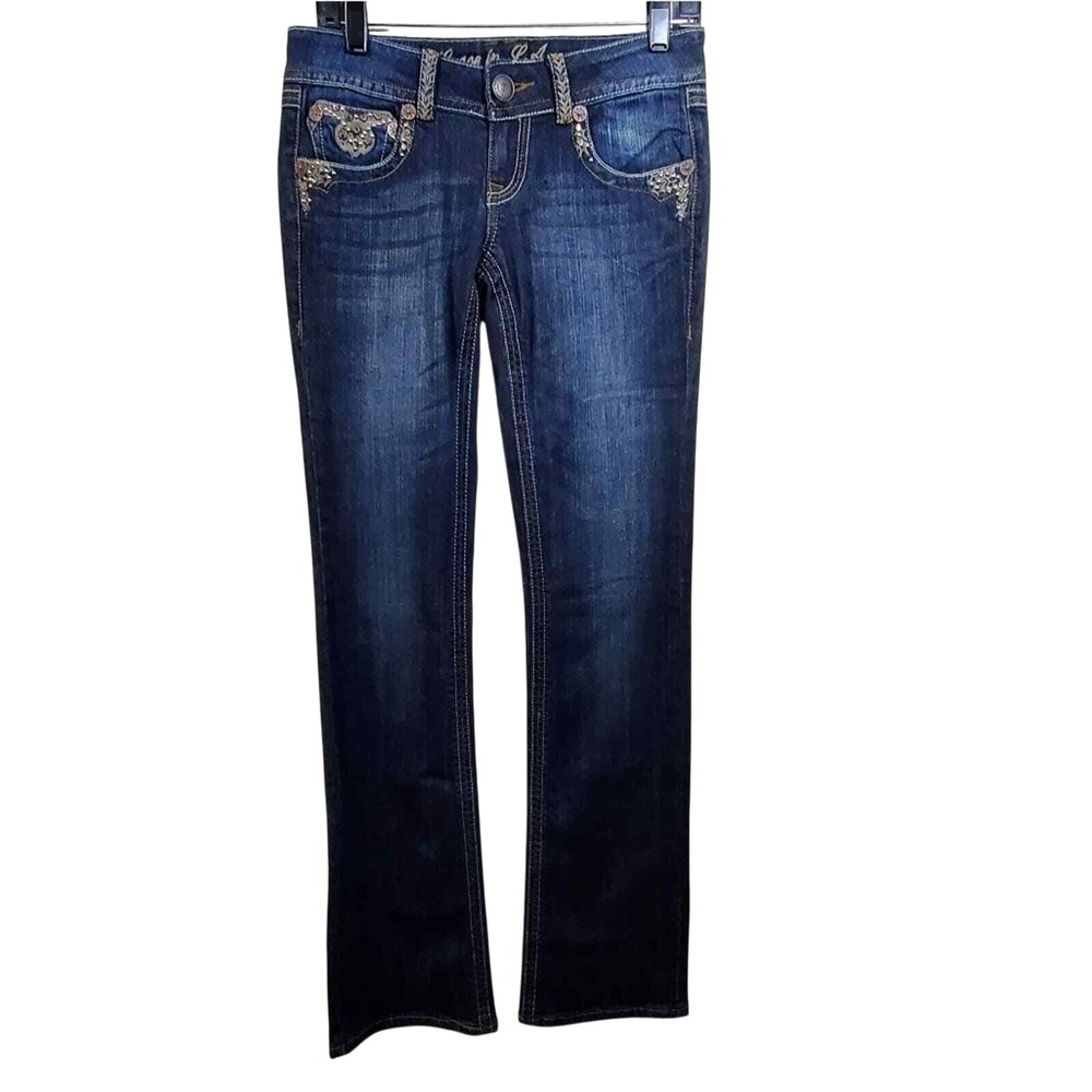 Grace in LA Women Bootcut Jeans Dark Wash Embellished Winged‎ Heart Size 26 New